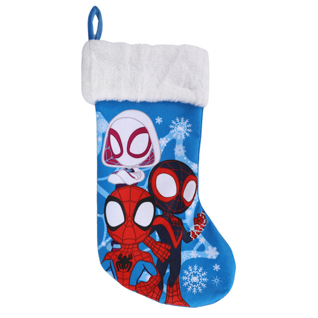 Spidey-themed Christmas stocking ornament, blue with white fur cuff and hanging loop.