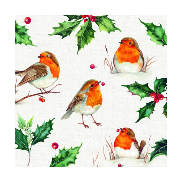 Cream lunch napkin with red robin and green holly berry pattern