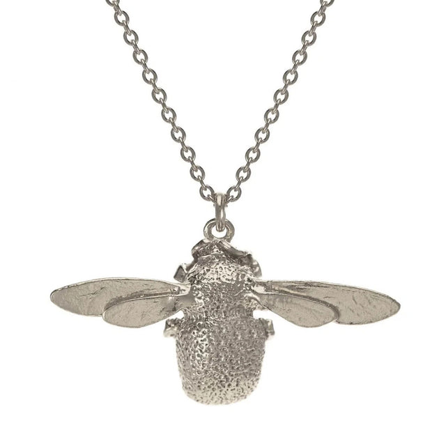 Sterling silver bee pendant necklace with round textured body and side wing details