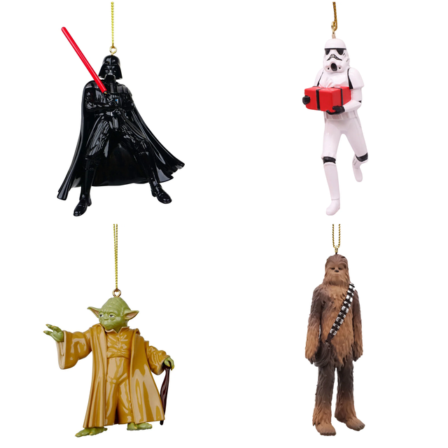 Set of four Star Wars character ornaments: Vader, Stormtrooper, Yoda, Chewbacca