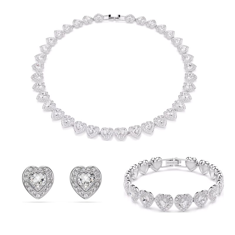 Angelic rhodium-plated jewellery set: heart crystal necklace, earrings and bracelet