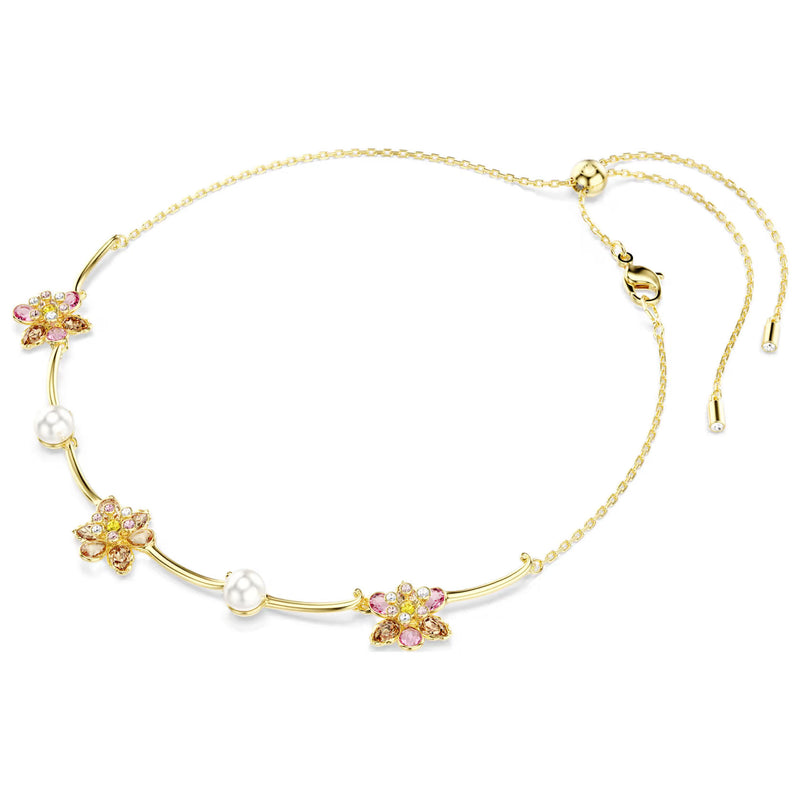 Swarovsli Idyllia necklace, Crystal pearl, Mixed cuts, Flower, Multicolored, Gold-tone plated