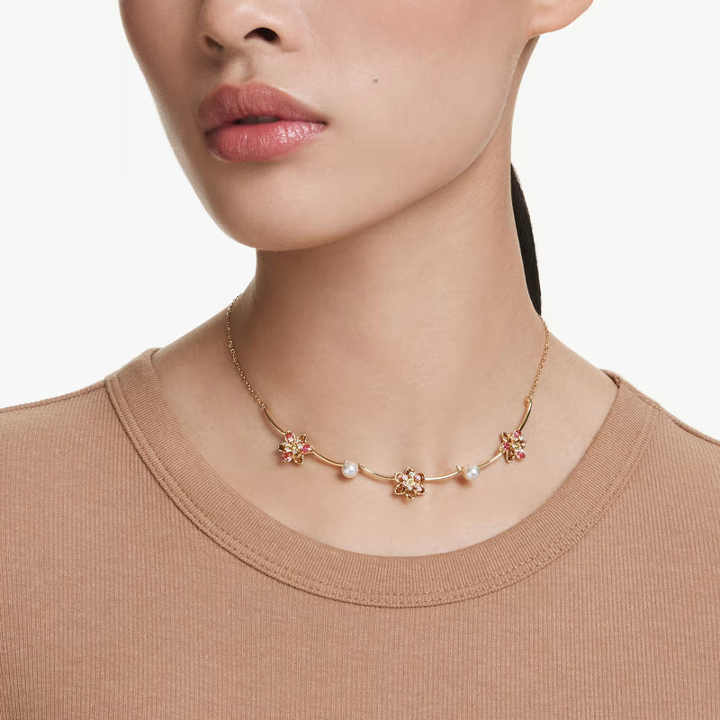 Swarovsli Idyllia necklace, Crystal pearl, Mixed cuts, Flower, Multicolored, Gold-tone plated