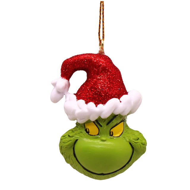 Grinch Santa hat ornament with red glitter cap and white trim, green face