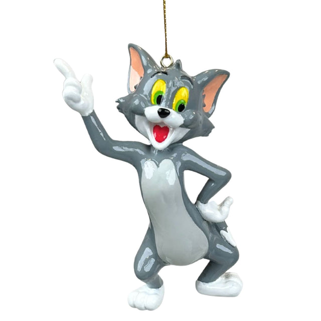 Tom cat Christmas ornament, grey with yellow eyes, red heart mouth, hanging with gold loop