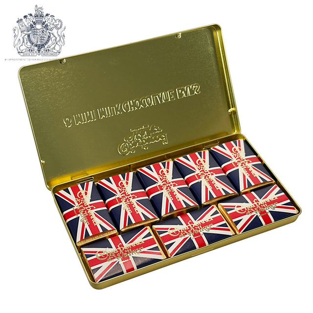 Gold hinged tin open to show 8 mini milk chocolate bars with Union Jack wrappers