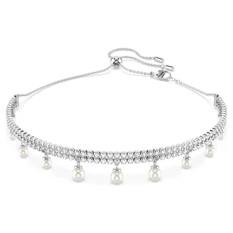 Swarovski choker with rows of clear crystals and dangling white pearls