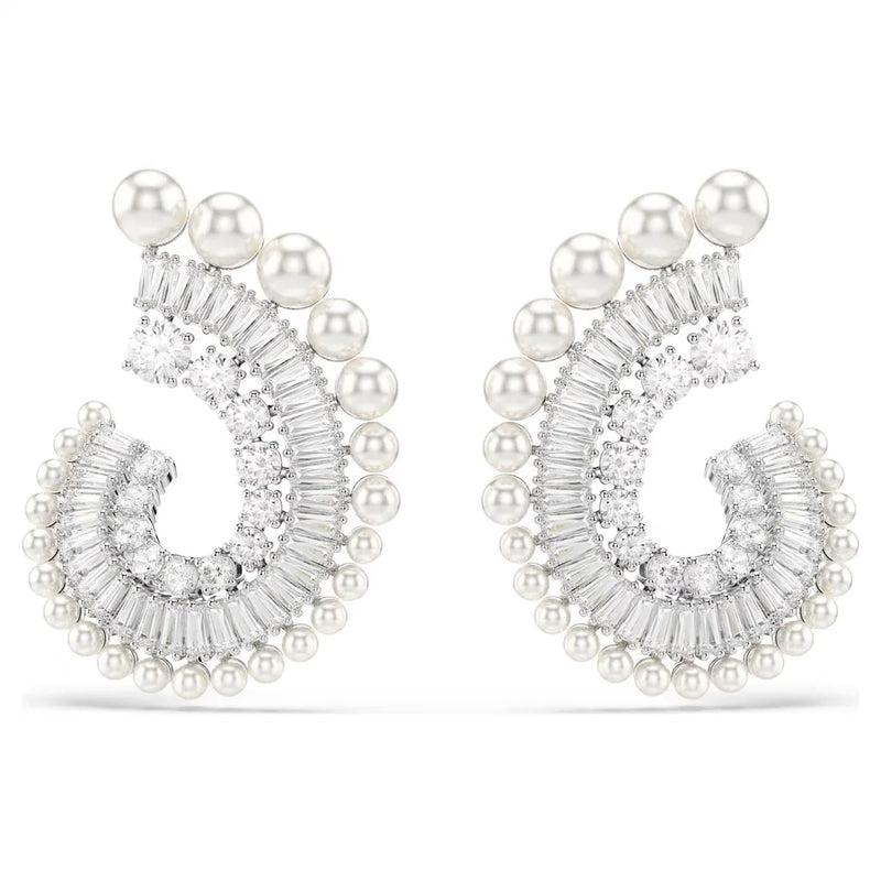 Swarovski crystal earrings with curved baguette stones and white pearl accents