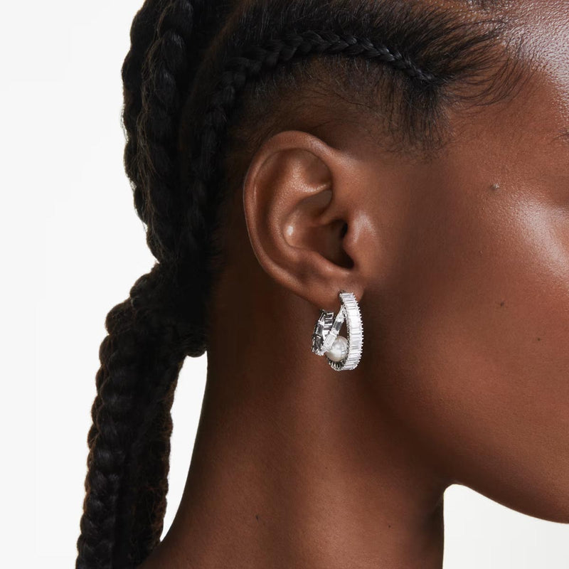 Swarovski x Ariana Grande Capsule Pearl Hoop Earrings, White, Rhodium Plated