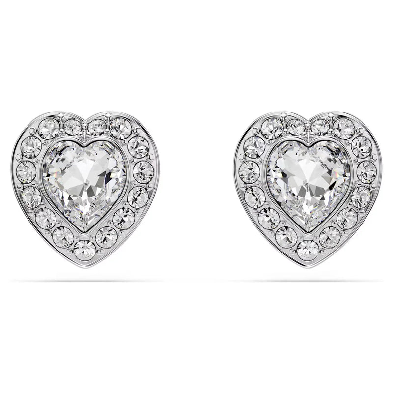 Heart crystal stud earrings with clear center stone, rhodium-plated