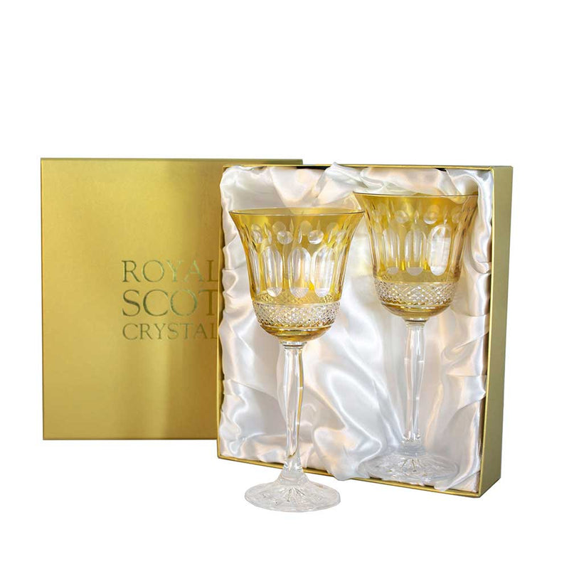Royal Scot Crystal Belgravia 2 Gold Amber Large Crystal Wine Glasses
