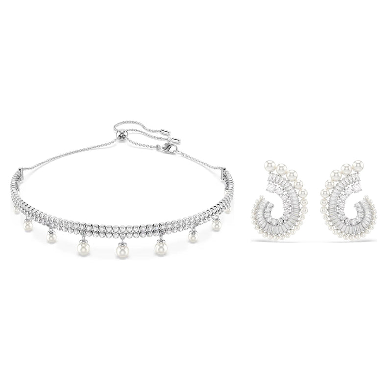Swarovski pearl choker and earring set with crystal detailing and rhodium-plated finish
