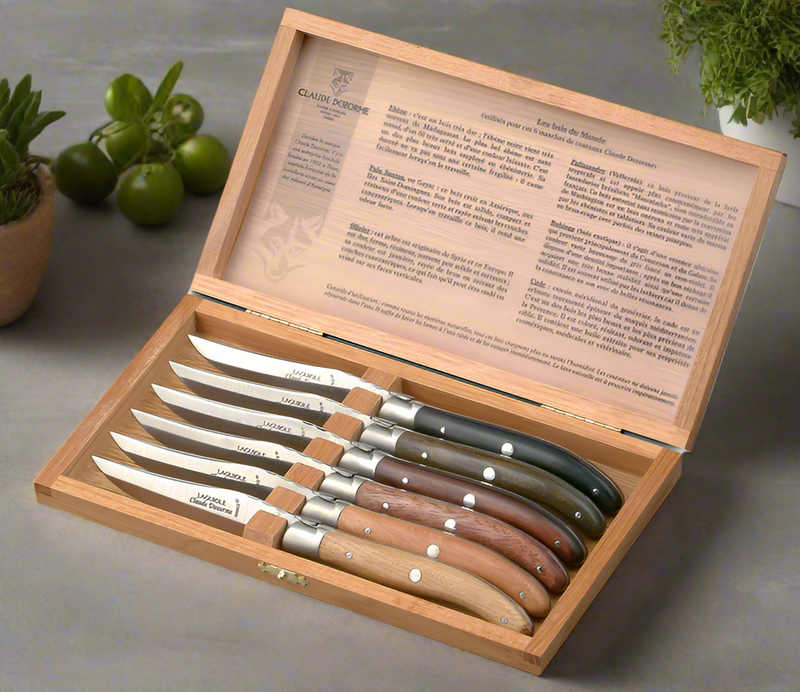 Steak Knives, Mixed Wood, Set of 6, by Claude Dozorme