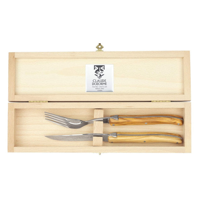 Claude Dozorme Super Laguiole Olive Wood Steak Knife and Fork Set.