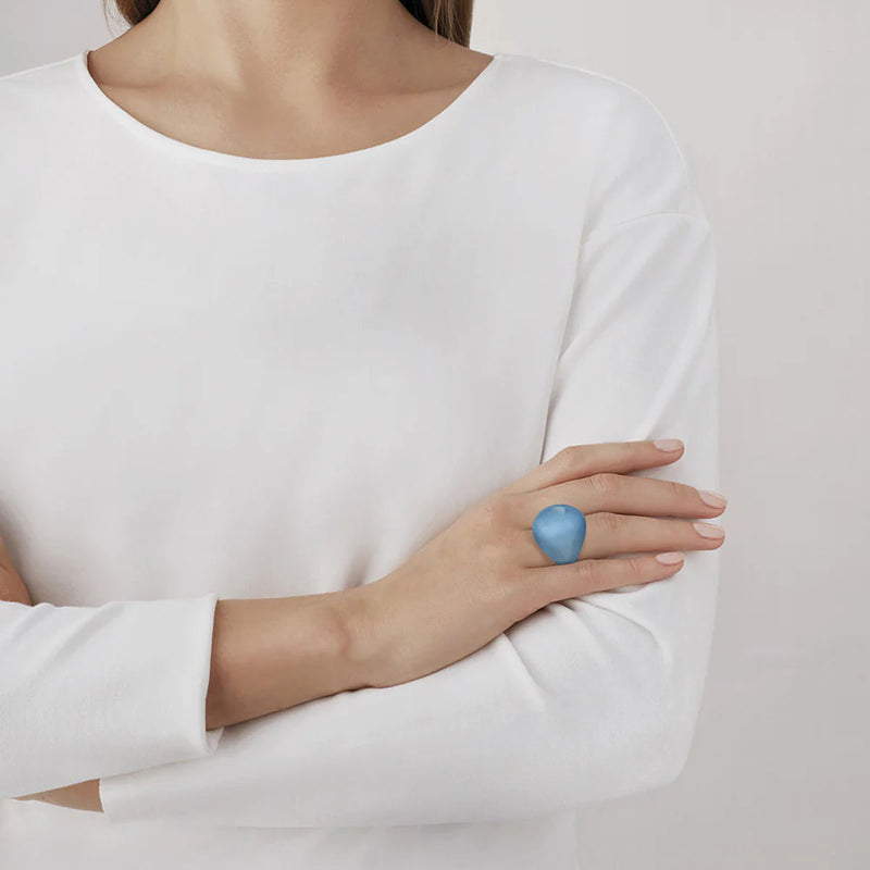 Lalique Cabochon Clear with Blue Patina Ring, Size 54