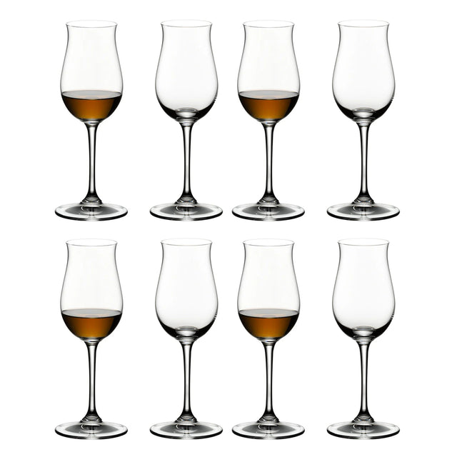 Set of 8 clear cognac glasses with tulip bowls and short stems