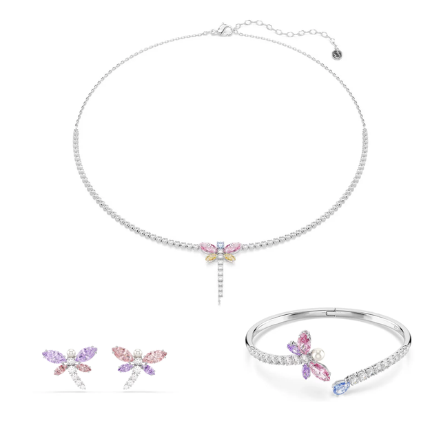 Swarovski x Ariana Grande Jewellery Set of 3, Mixed cuts, Dragonfly, Multicolored, Rhodium plated