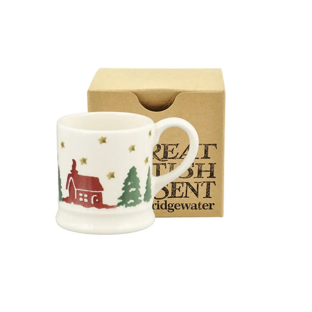 Tiny ceramic mug decoration with cabin, tree and star print, boxed