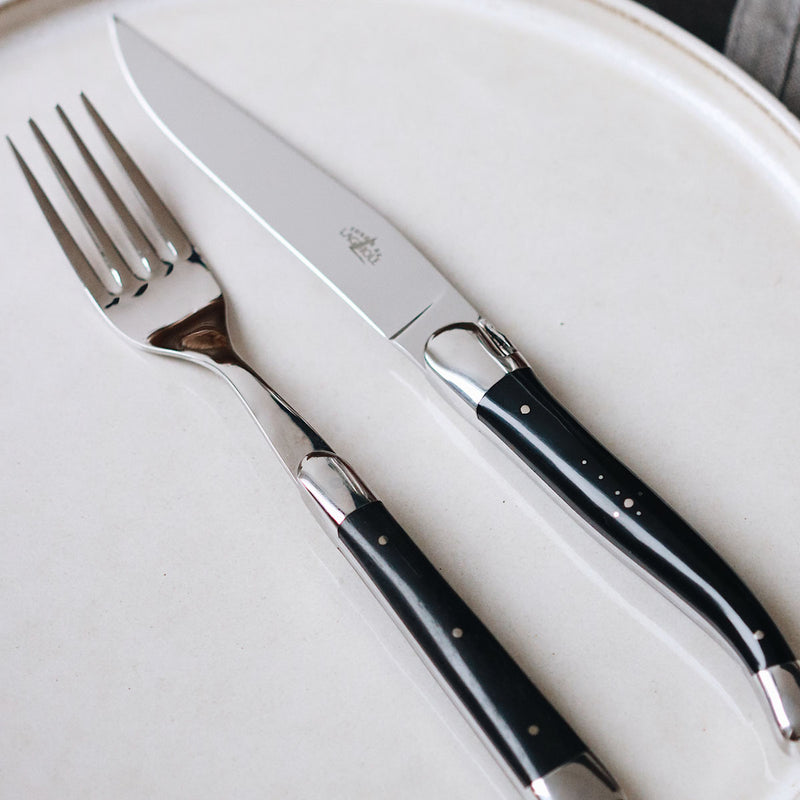 Forge de Laguiole Table Knives Set of 6, Dark Horn Shiny Handle