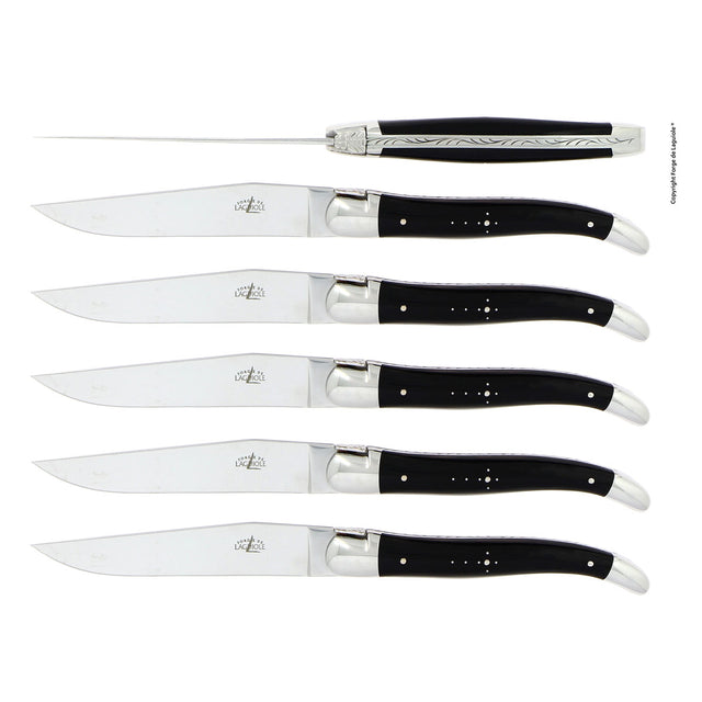 Forge de Laguiole Table Knives Set of 6, Dark Horn Shiny Handle