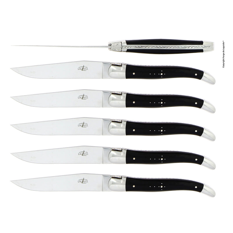 Forge de Laguiole Table Knives Set of 6, Dark Horn Shiny Handle