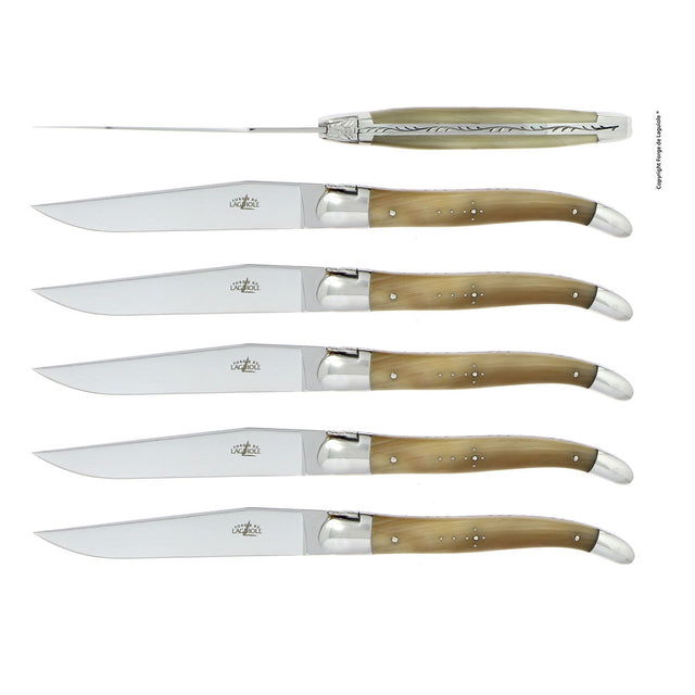 Forge de Laguiole Table Knives Set of 6, Light Horn Shiny Handle