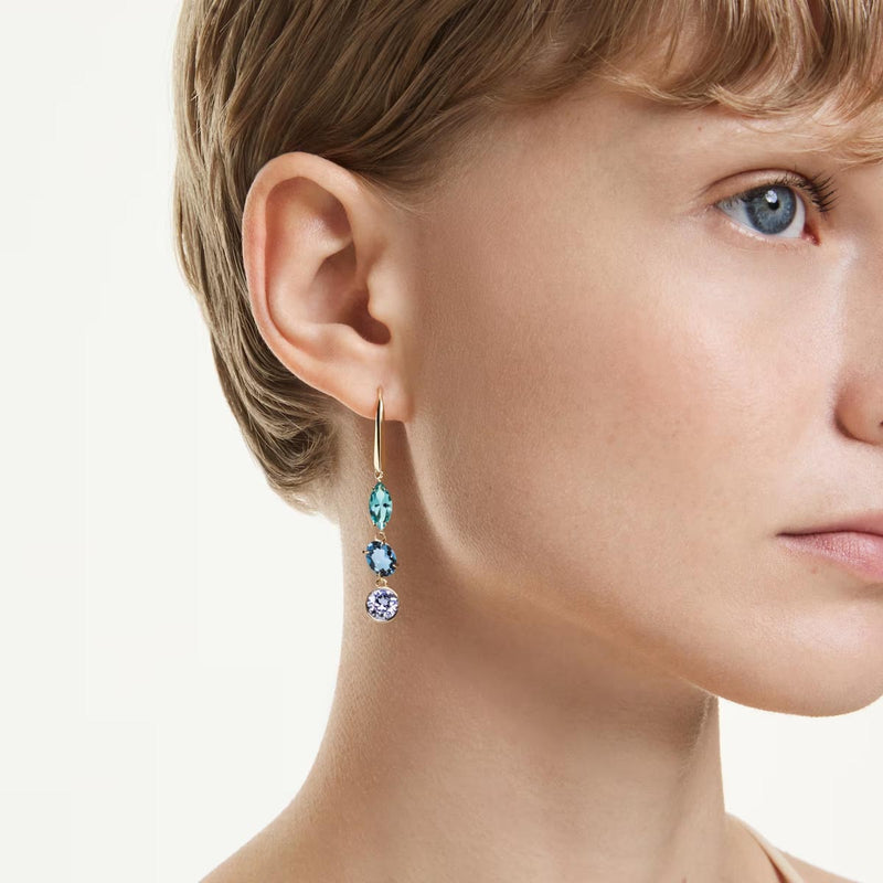Swarovski Gema drop earrings, Asymmetrical design, Mixed cuts, Multicoloured, Gold-tone plated
