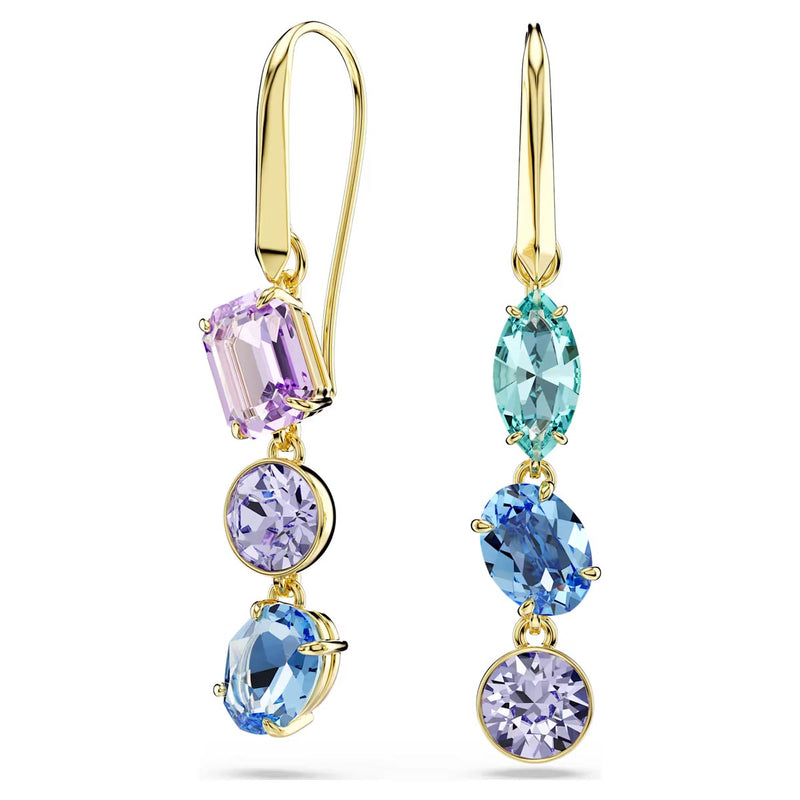Swarovski Gema drop earrings, Asymmetrical design, Mixed cuts, Multicoloured, Gold-tone plated