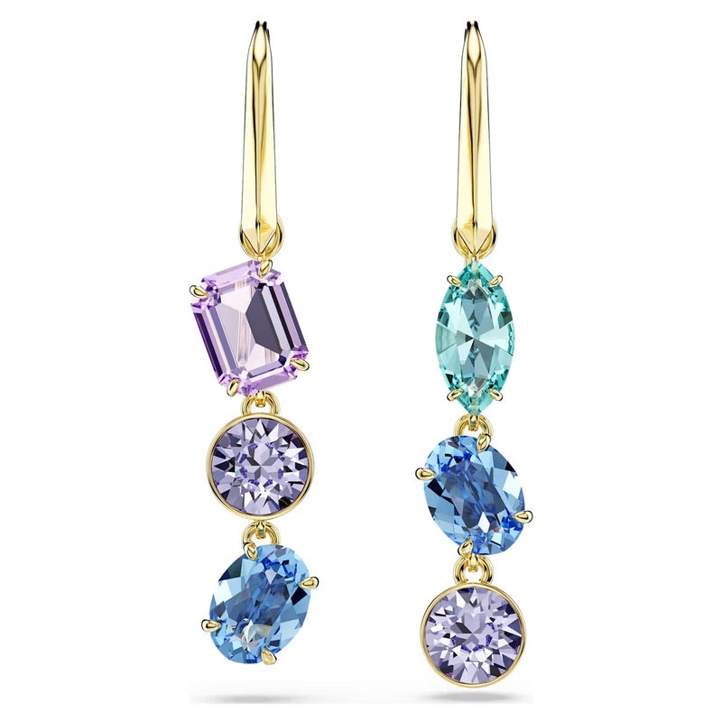 Swarovski Gema drop earrings, Asymmetrical design, Mixed cuts, Multicoloured, Gold-tone plated