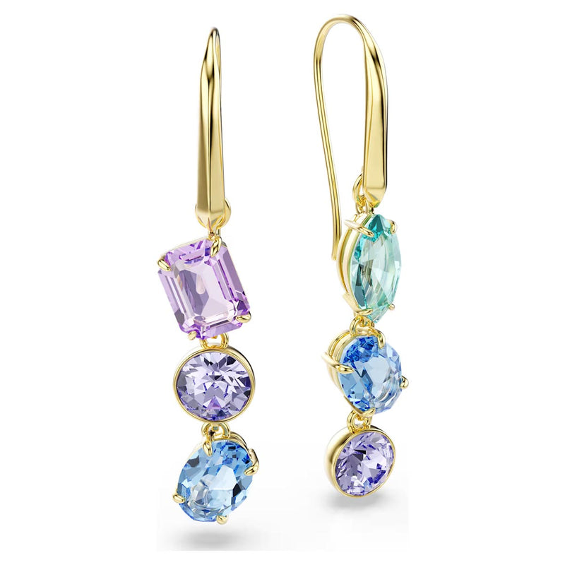 Swarovski Gema drop earrings, Asymmetrical design, Mixed cuts, Multicoloured, Gold-tone plated