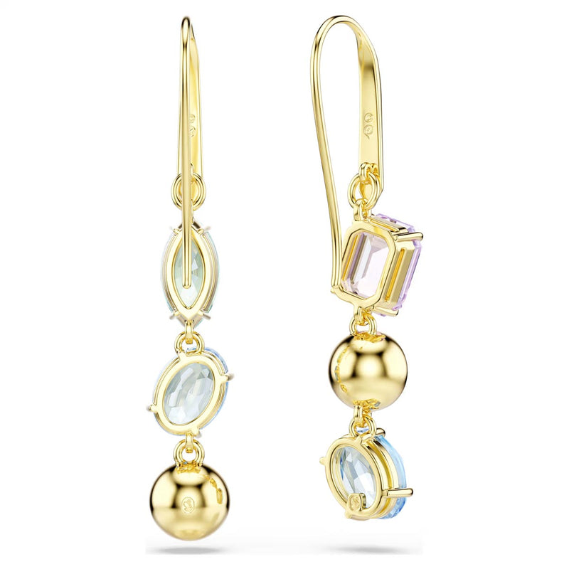 Swarovski Gema drop earrings, Asymmetrical design, Mixed cuts, Multicoloured, Gold-tone plated