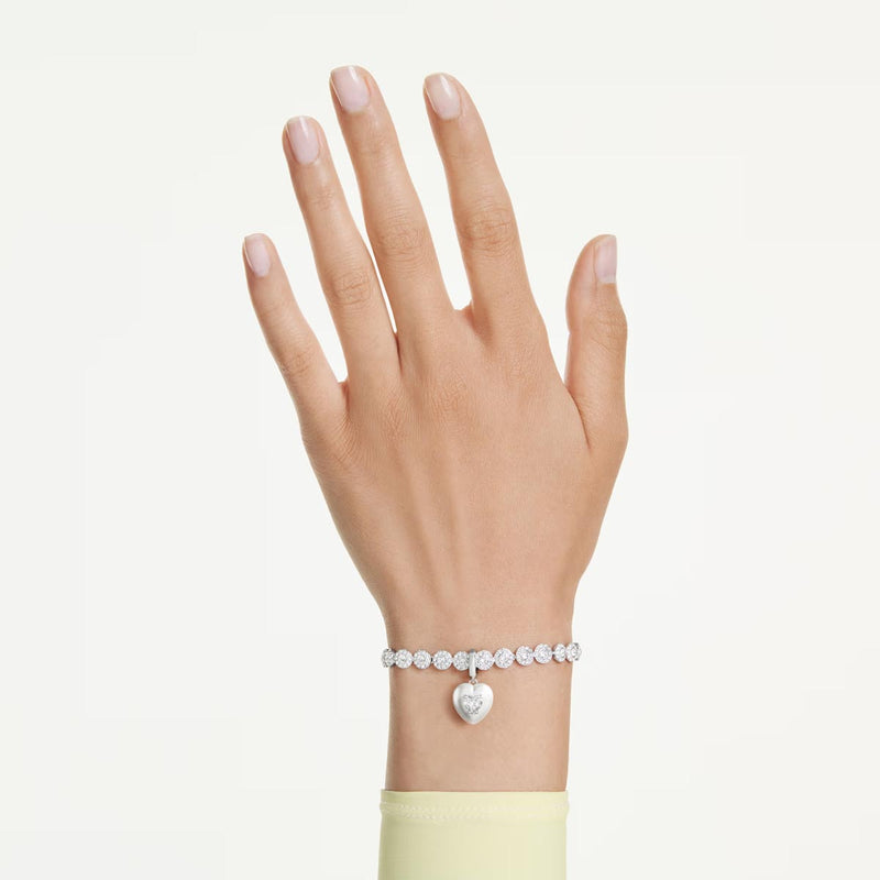 Swarovski Idyllia charm, Mixed cuts, Pearl-coloured coating, Heart, White, Rhodium plated