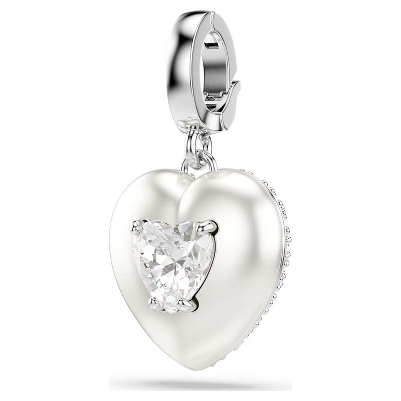 Swarovski Idyllia charm, Mixed cuts, Pearl-coloured coating, Heart, White, Rhodium plated