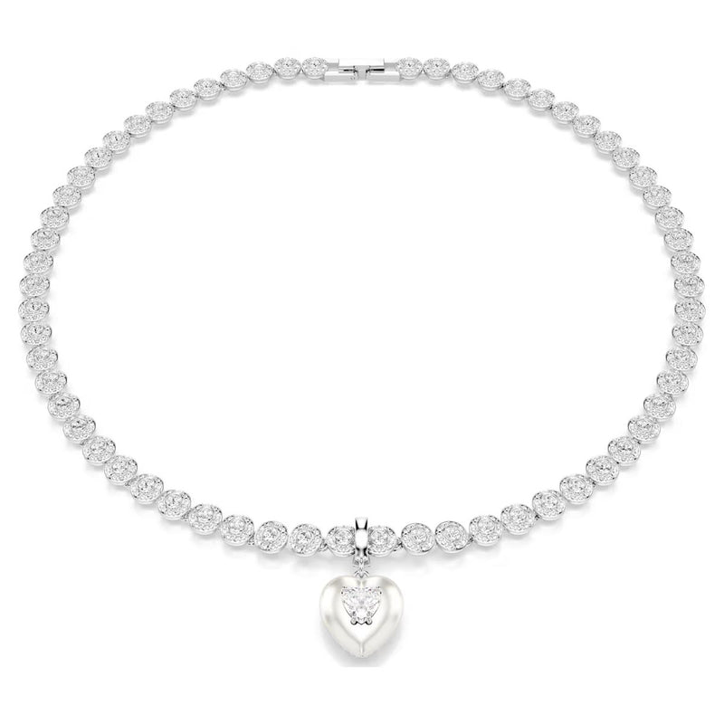 Swarovski Idyllia charm, Mixed cuts, Pearl-coloured coating, Heart, White, Rhodium plated