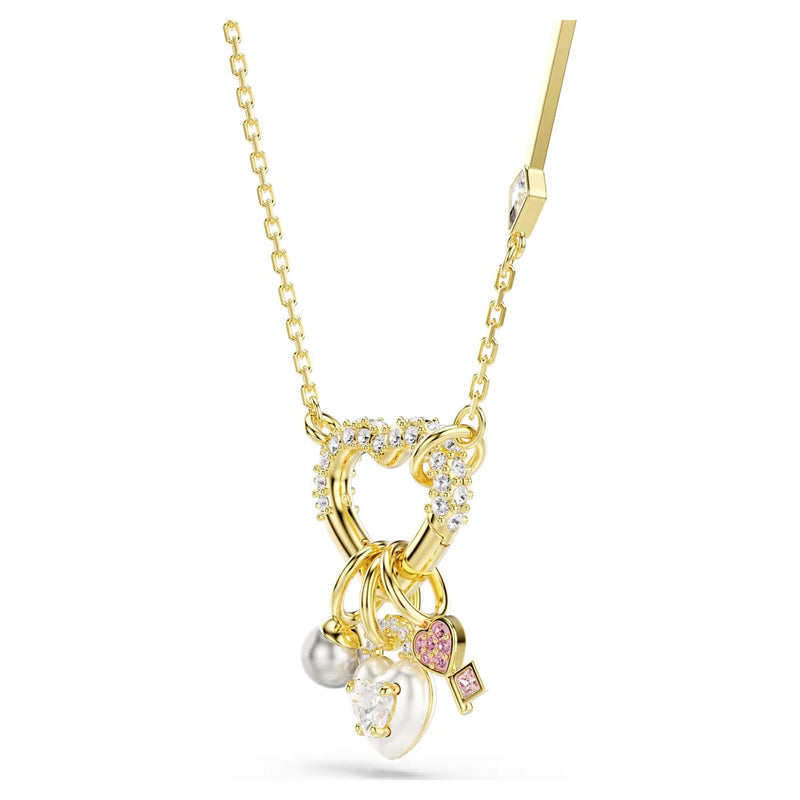 Swarovski Idyllia pendant, Mixed cuts, Heart, key, Pink, Gold-tone plate