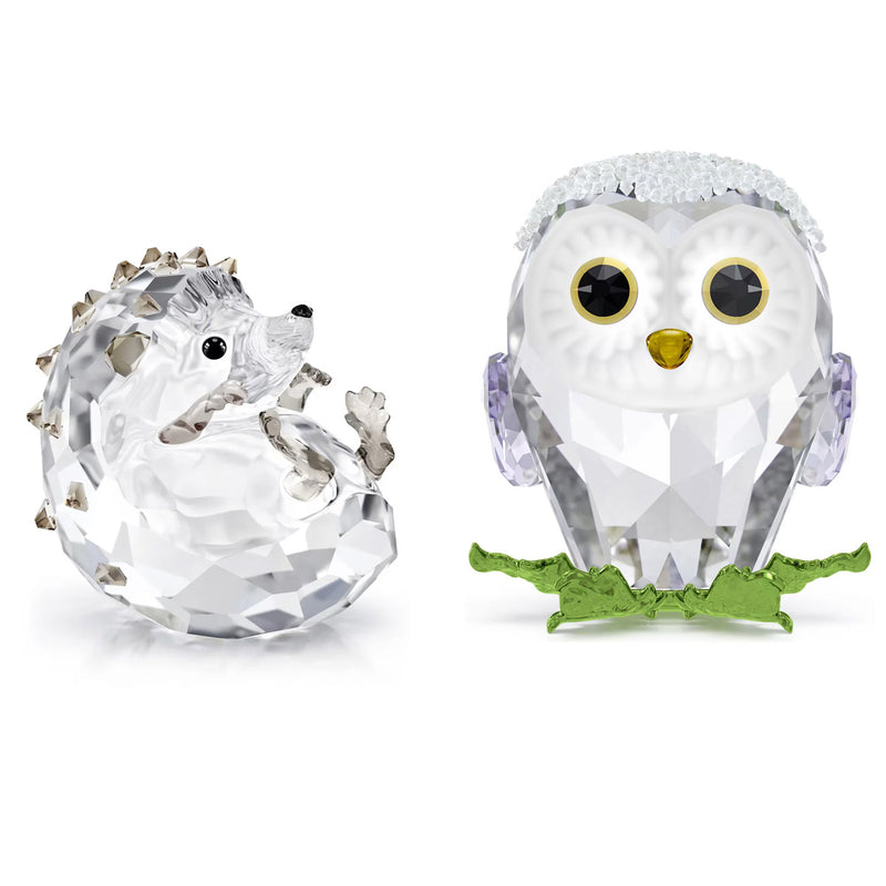 Swarovski Idyllia hedgehog and owl crystal figurine set with white clear facets and green accents