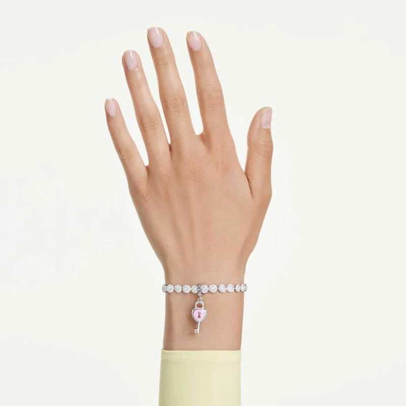 Swarovski Idyllia charm, Mixed cuts, Heart with key, White, Rhodium plated