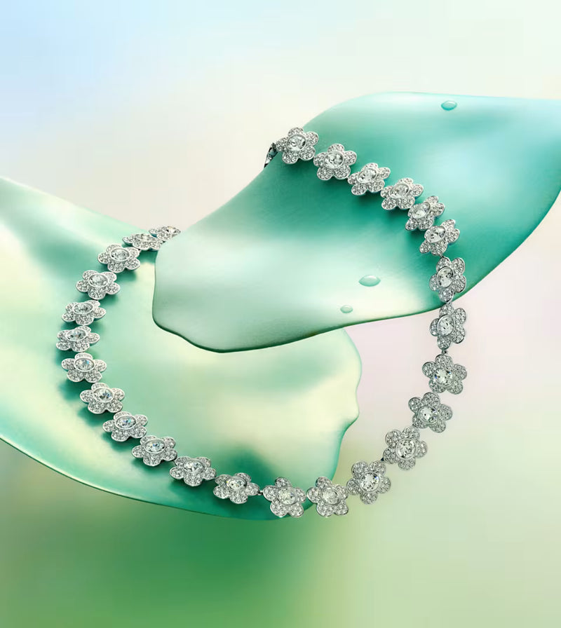 Swarovski x Ariana Grande necklace, Round cut, Flower, White, Rhodium plated