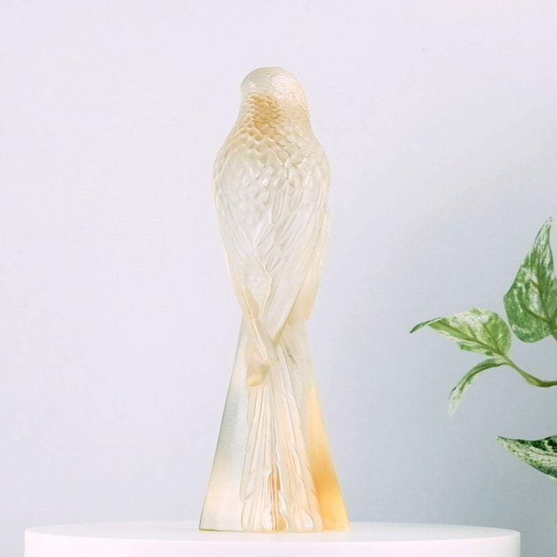 Lalique 2 Parakeets Gold Luster Crystal Sculpture with plants in the background