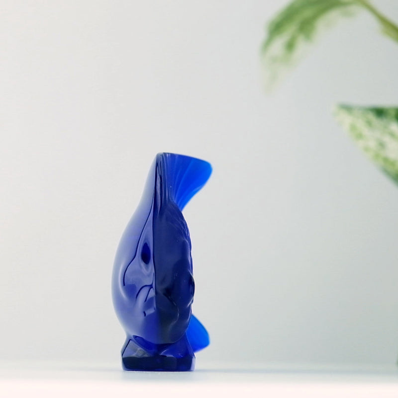 Lalique Cap Ferrat Blue Fish with a plant in the background