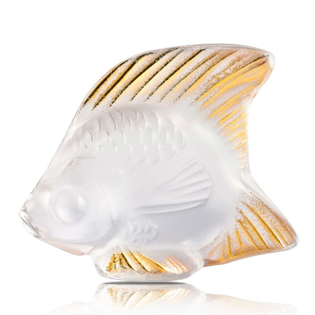 Lalique Fish Sculpture, Clear and Gold Stamped