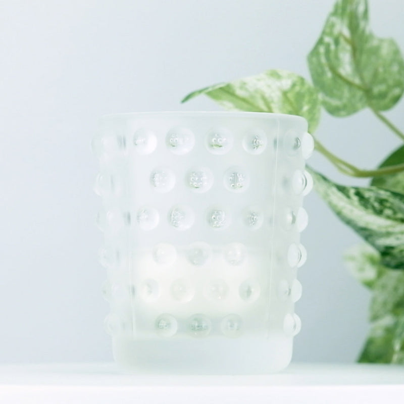 Lalique Mossi Clear Votive with plants in the background