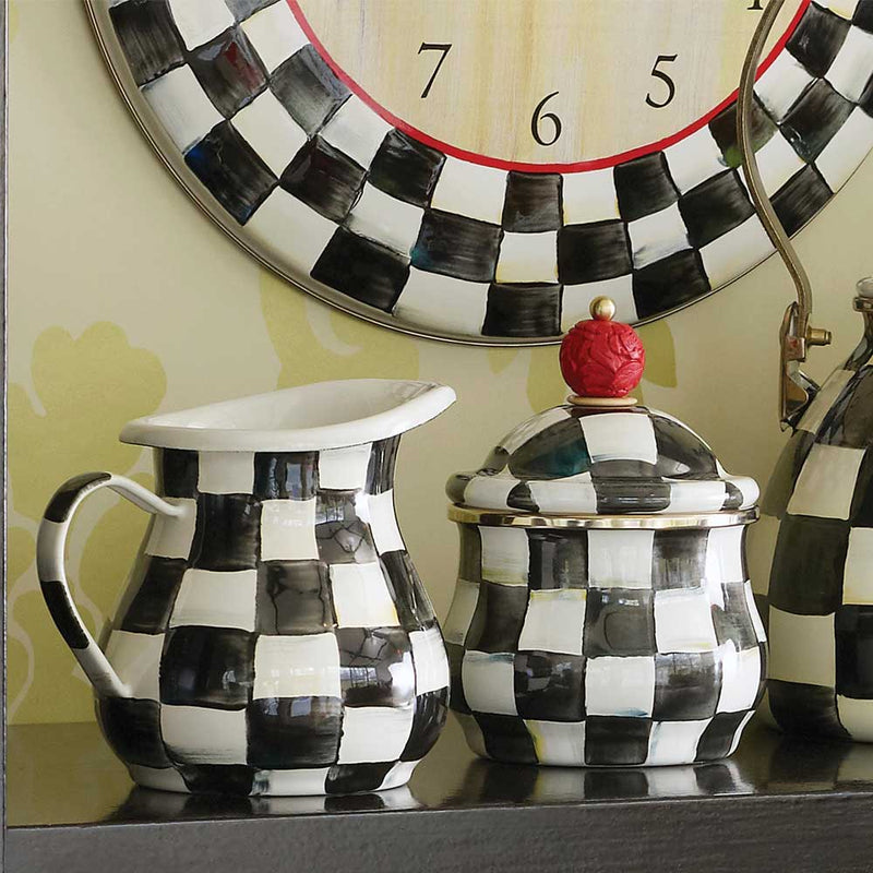 Mackenzie-Childs Courtly Check Creamer Jug with Mackenzie-Childs Courtly Check pot and clock