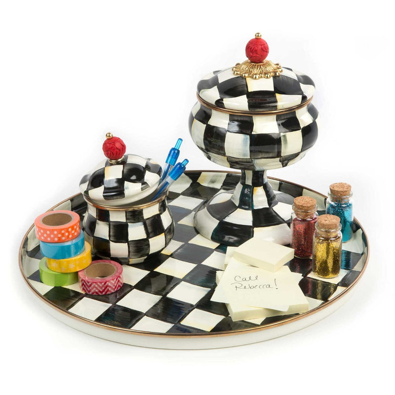 Mackenzie Childs Courtly Check Enamel Curiosity Pot with Mackenzie Childs Courtly Check tray and pot