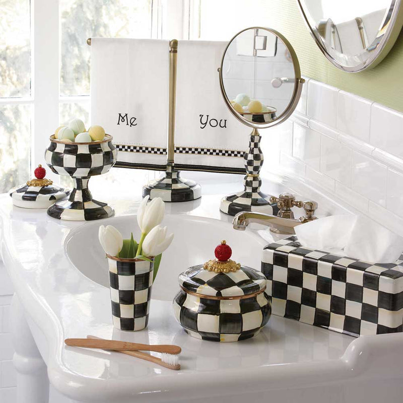 Mackenzie Childs Courtly Check Enamel Curiosity Pot with other Mackenzie Childs Courtly Check items in a bathroom setting