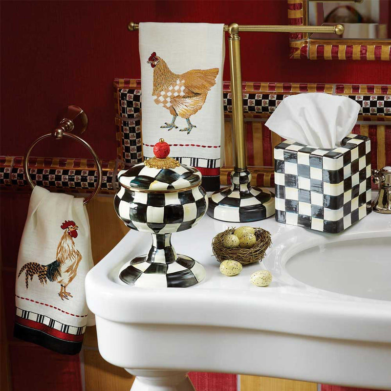 Mackenzie Childs Courtly Check Enamel Curiosity Pot with Mackenzie Childs Courtly Check tissue box