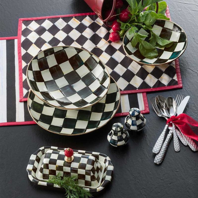 MacKenzie-Childs Courtly Check Enamel Butter Box with MacKenzie-Childs Courtly Check bowls