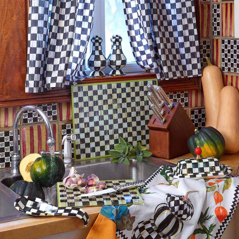 MacKenzie-Childs Courtly Check Enamel Butter Box displayed in a kitchen setting