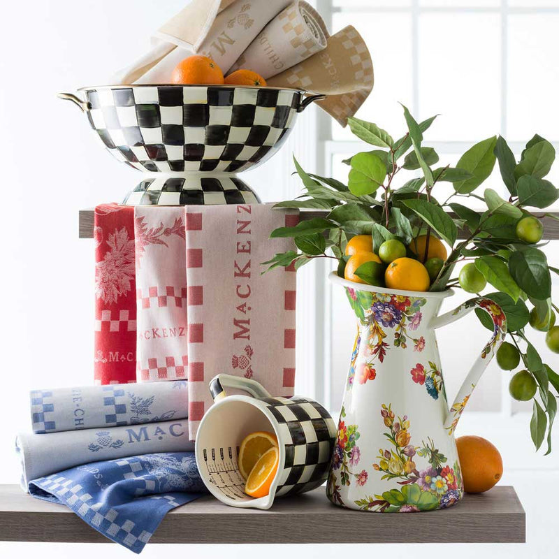 Mackenzie-Childs Courtly Check Enamel Everything Bowl with Mackenzie-Childs Courtly Check jug and Mackenzie-Childs Flower market jug