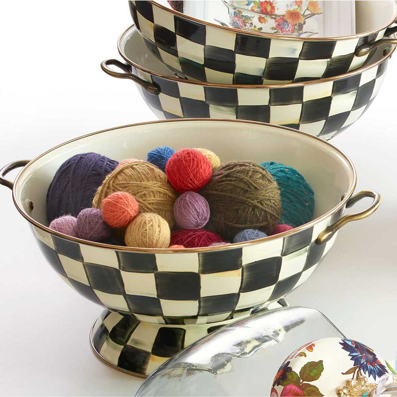 Mackenzie-Childs Courtly Check Enamel Everything Bowl with balls of wool
